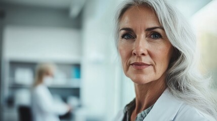 Obraz premium Portrait of senior female doctor wearing lab coat in medical clinic setting
