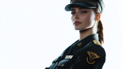 Obraz premium Confident Young Woman in Military Uniform with Cap and Serious Look