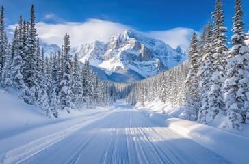 Fototapeta premium Winter Wonderland Landscape Featuring a Snow-Covered Road with Majestic Mountain Peaks and Lush Evergreen Trees Under a Clear Blue Sky