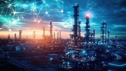 A futuristic oil facility with advanced robotic arms, sleek metal infrastructure, and a digital control center under a sky filled with drones and artificial lights.