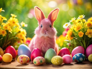 Fototapeta premium Pastel eggs and a fluffy pink bunny create a charming spring photo, perfectly balanced using the rule of thirds.