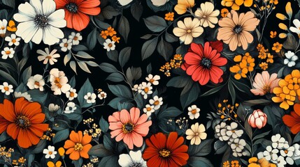 Unusual Floral summer seamless pattern. flowers on a black background. Template for fabrics, textiles, paper, wallpaper, interior decoration. Vintage