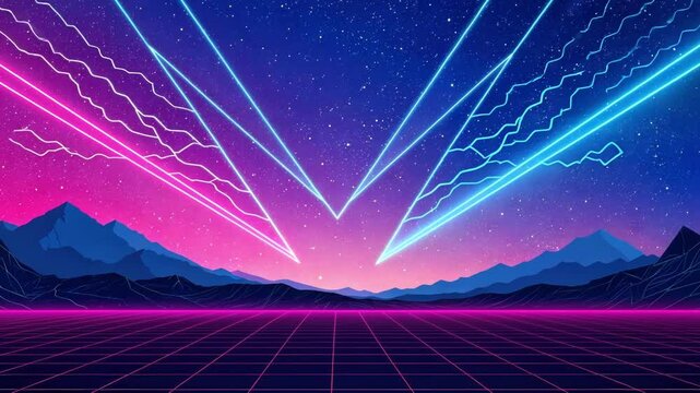 A striking gradient featuring hot pink fading into royal blue adorned with sharp angular lines that intersect at various points mimicking the kinetic energy of 90s animation