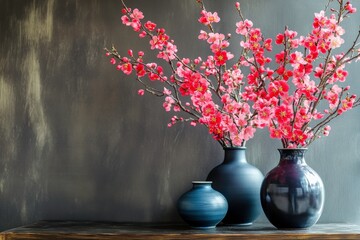 Elegant arrangement of cherry blossom branches in stylish blue vases against a textured dark gray wall, perfect for home decor and interior design inspiration.