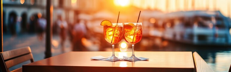 Glasses with Aperol Spitz on the sea background. Selective focus. Nature.