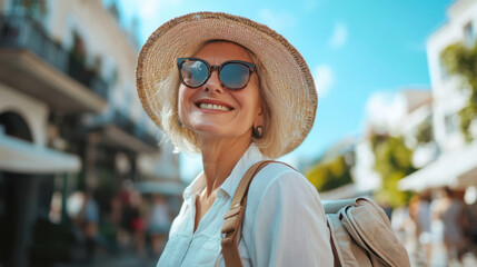 Happy mature woman wearing sunglasses and straw hat is enjoying her summer vacation in a city