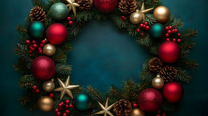 Festive Christmas Wreath: Ornaments, Pine, and Berries
