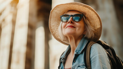 Senior tourist woman visiting roman ruins wearing sunglasses and hat