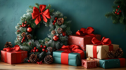 Christmas Wreath Decorated with Presents and Pine Cones