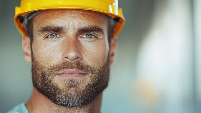 Close-up portrait of a serious construction worker wearing a yellow hard hat.
