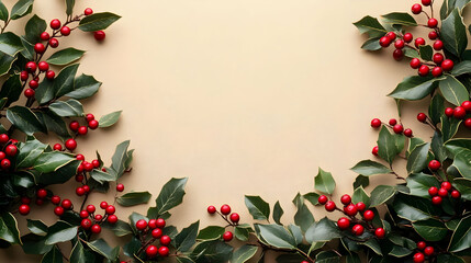 Fototapeta premium Red Berries & Green Leaves Festive Frame