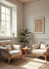 Modern and minimalist interior design with two armchairs facing each other