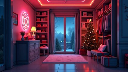 a stunning illustration of house closet retro neon ch Retro Neon Christmas Theme