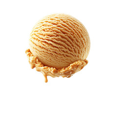 Fototapeta premium Extreme front view of a hyperrealistic single ball of butterscotch ripple ice cream levitating in mid-air isolated on a white transparent background