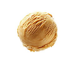 Fototapeta premium Extreme front view of a hyperrealistic single ball of butterscotch ripple ice cream levitating in mid-air isolated on a white transparent background
