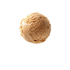Fototapeta premium Extreme front view of a hyperrealistic single ball of caramel almond ice cream levitating in mid-air isolated on a white transparent background