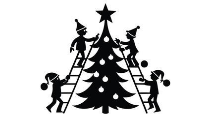 Christmas Elves Decorating a Tree