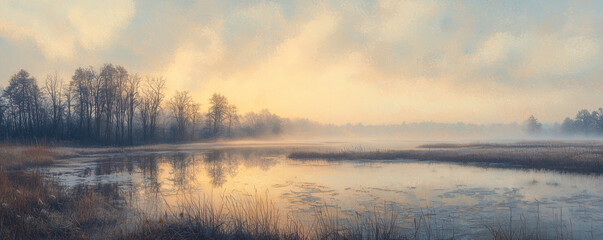 Fototapeta premium Landscape with the sunrise, a blossoming meadow and fog,panorama