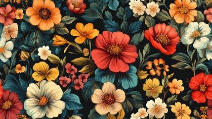 Unusual Floral summer seamless pattern. flowers on a black background. Template for fabrics, textiles, paper, wallpaper, interior decoration. Vintage