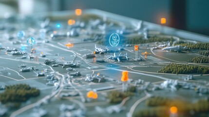 Obraz premium Holographic Military Map Layout in High-Tech Command Center, Highlighting Tactical Points and Military Emblems, Strategic Layout. 