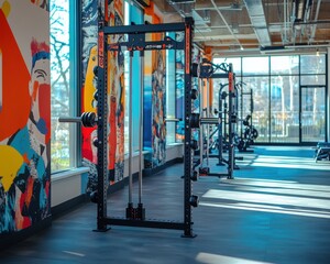 Fototapeta premium Weightlifting Rack with Artistic Mural Gym Interior, Clean Light-Filled Space for Fitness Advertisements