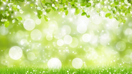 Fototapeta premium Lush green background with sparkling bokeh lights creates serene atmosphere