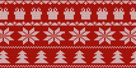 Christmas seamless knitted pattern of xmas ornaments for sweater. Vector illustration
