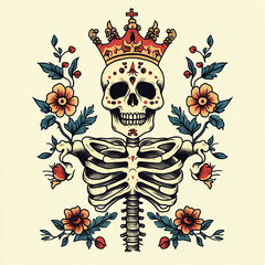 Skull and Crown Chest tattoo flash illustration