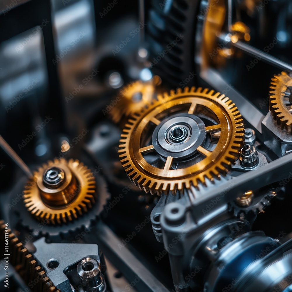 Poster a close up of a machine with many gears, one of which is gold