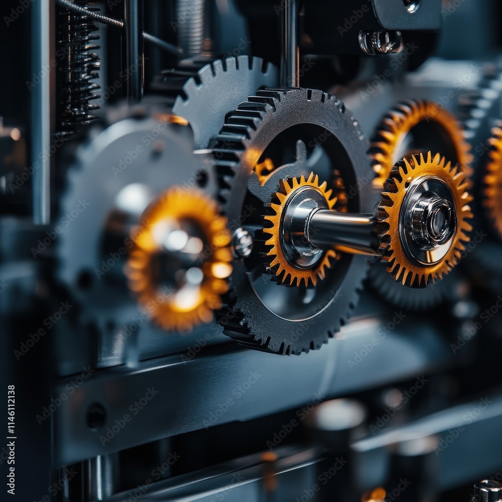 Poster a close up of a machine with many gears, one of which is yellow