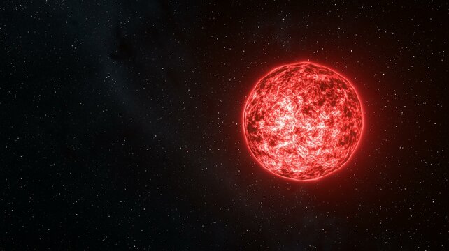 Photorealistic image of a red supergiant star glowing intensely, set in the dark of deep space

