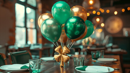 Green and gold balloons on a St. Patrick’s Day table