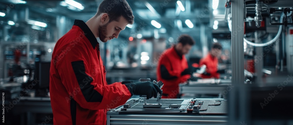 Poster engineers performing quality control checks on automotive assembly lines