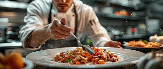 Chef carefully plating a gourmet dish in a busy restaurant kitchen with intricate details