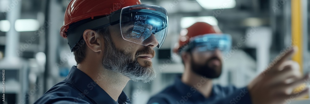 Aufkleber Engineers in a modern factory using augmented reality for precision assembly