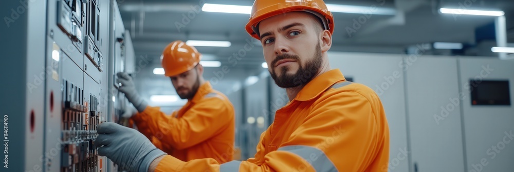 Poster Electrical engineers assembling control panels in a well-lit factory environment