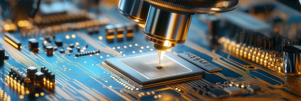 Aufkleber Electrical engineers assembling a microchip under a high-powered microscope,