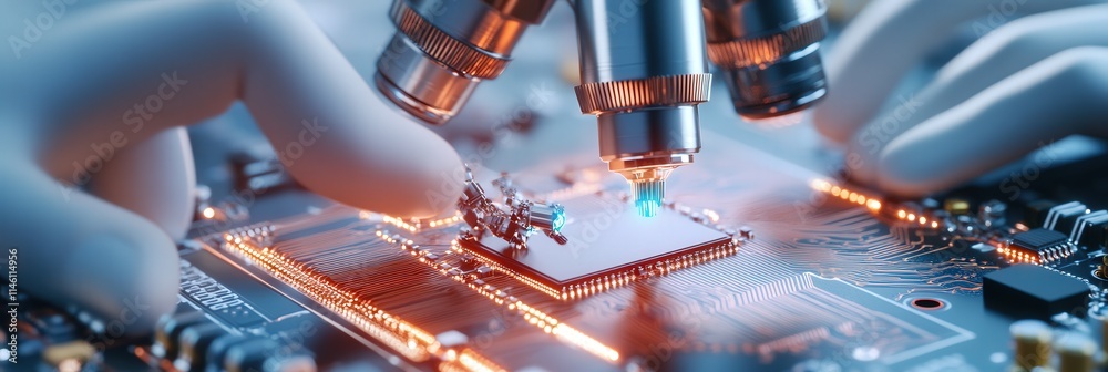 Aufkleber Electrical engineers assembling a microchip under a high-powered microscope,