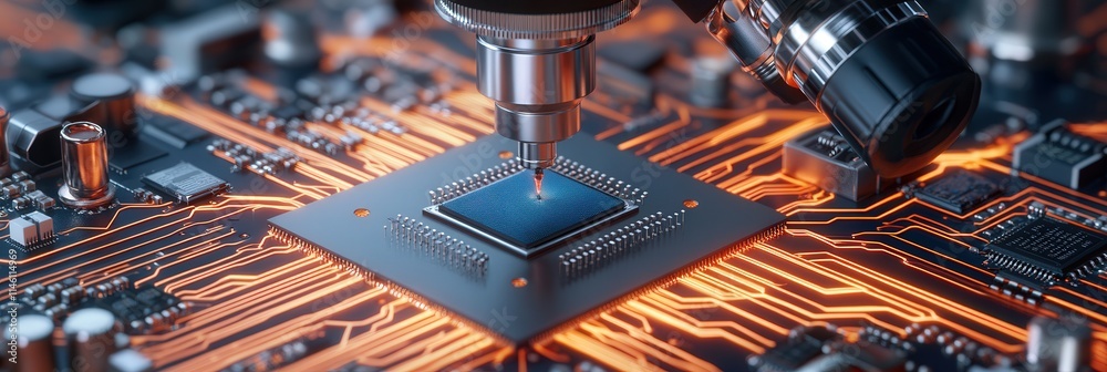 Leinwandbilder electrical engineers assembling a microchip under a high-powered microscope,
