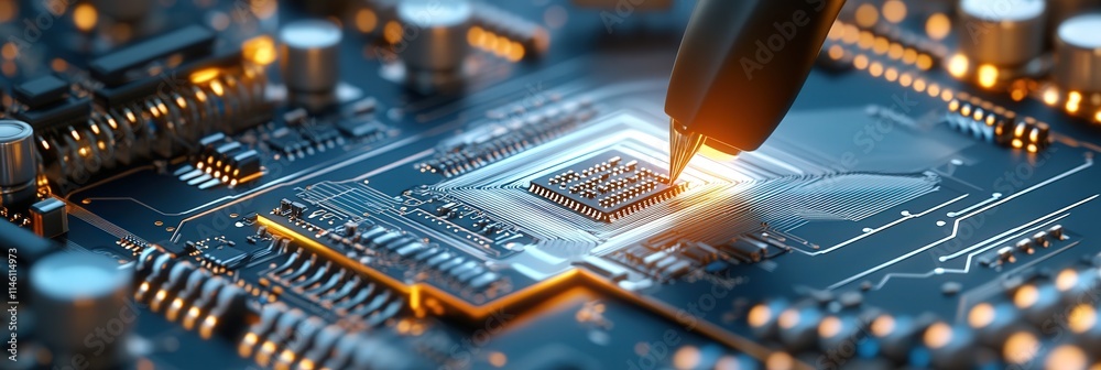 Poster Electrical engineer working on a circuit board in a high-tech laboratory, illuminated by bright LED lights