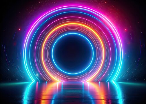 Abstract circular light effect: bright neon creates motion blur, a dynamic, futuristic psychedelic glowing orb.