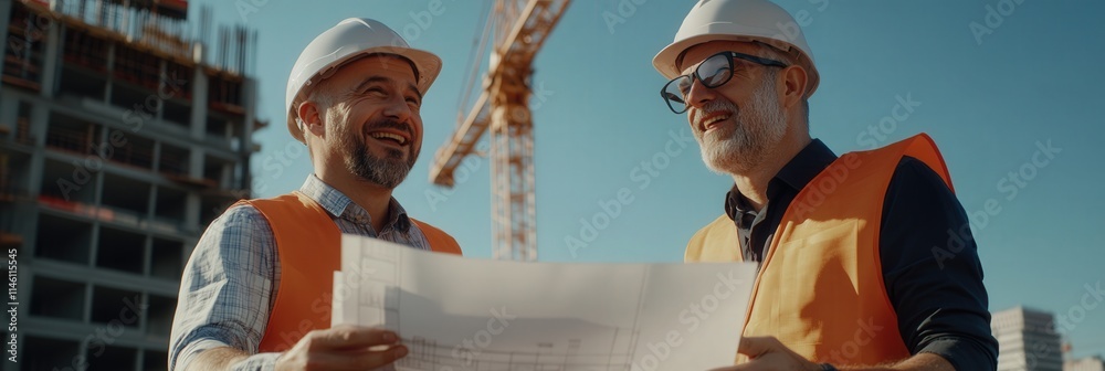 Poster civil engineers discussing blueprints at a construction site with a towering crane in the background