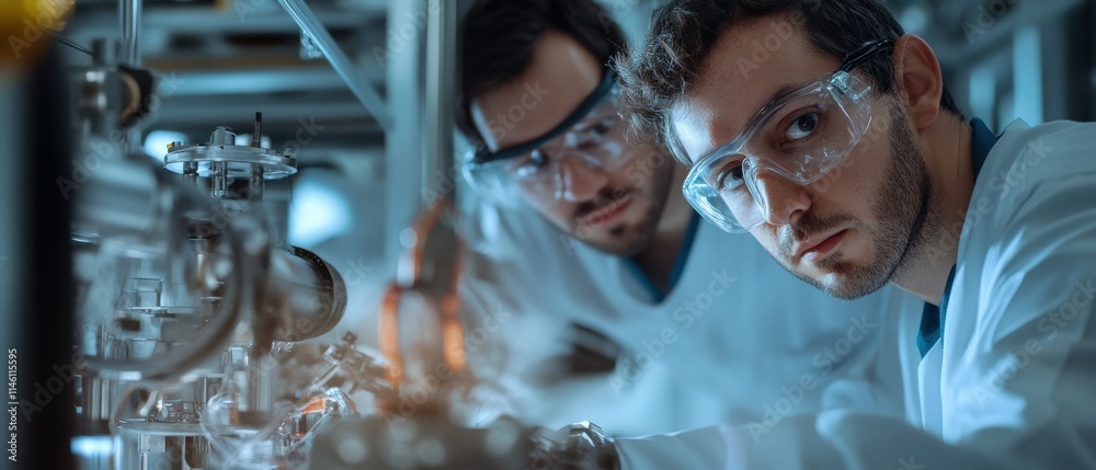 Poster aerospace technicians testing components for interplanetary exploration vehicles