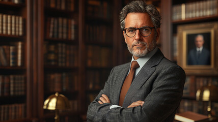Fototapeta premium Confident Mature Man in Suit Library Background