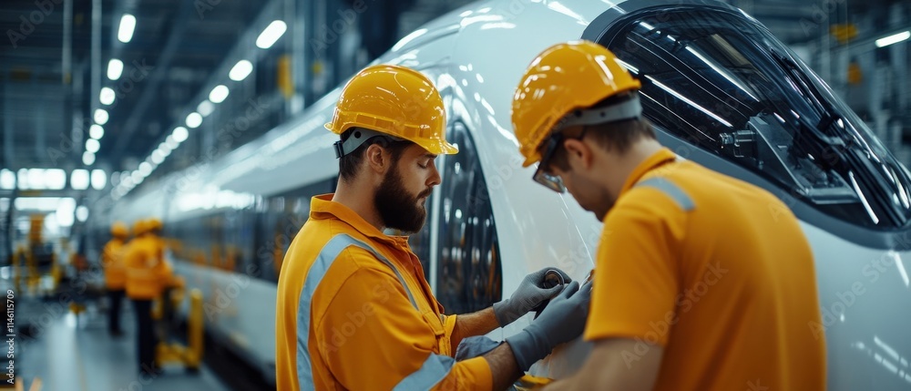 Poster a team of engineers performing routine maintenance on a high-speed train