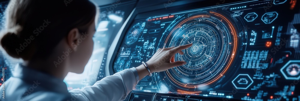 Aufkleber a spacecraft engineer reviewing systems on a control panel inside a futuristic cockpit