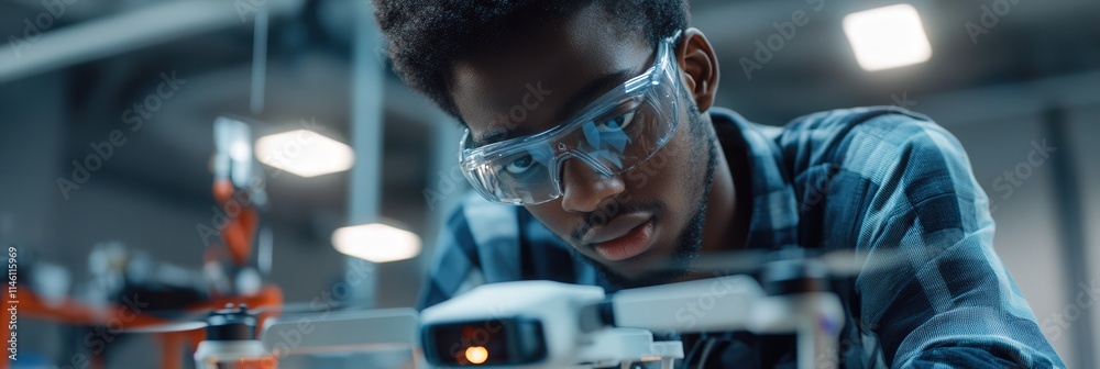 Poster A robotics lab with students testing autonomous drones