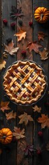 Pie with a lattice crust on a table, food background, vertical background