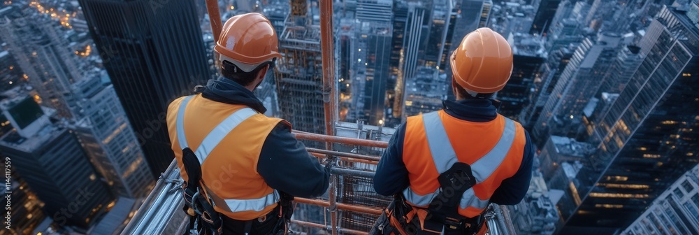 Aufkleber a construction team setting up scaffolding for a skyscraper under construction