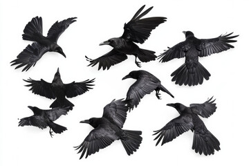 Fototapeta premium Flock of flying crows in various poses against white background, showcasing their wings